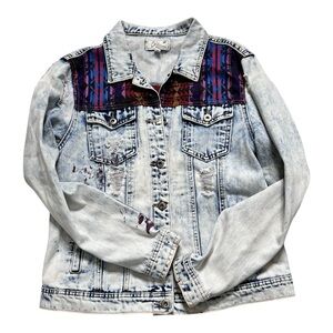 ChiQle Denim Architect Aztec/Southwestern Geometric Panels Acid Wash Jacket SZ L